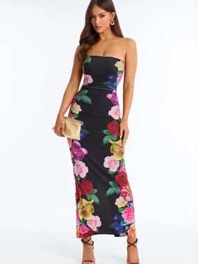 Black Strapless Floral Maxi Dress